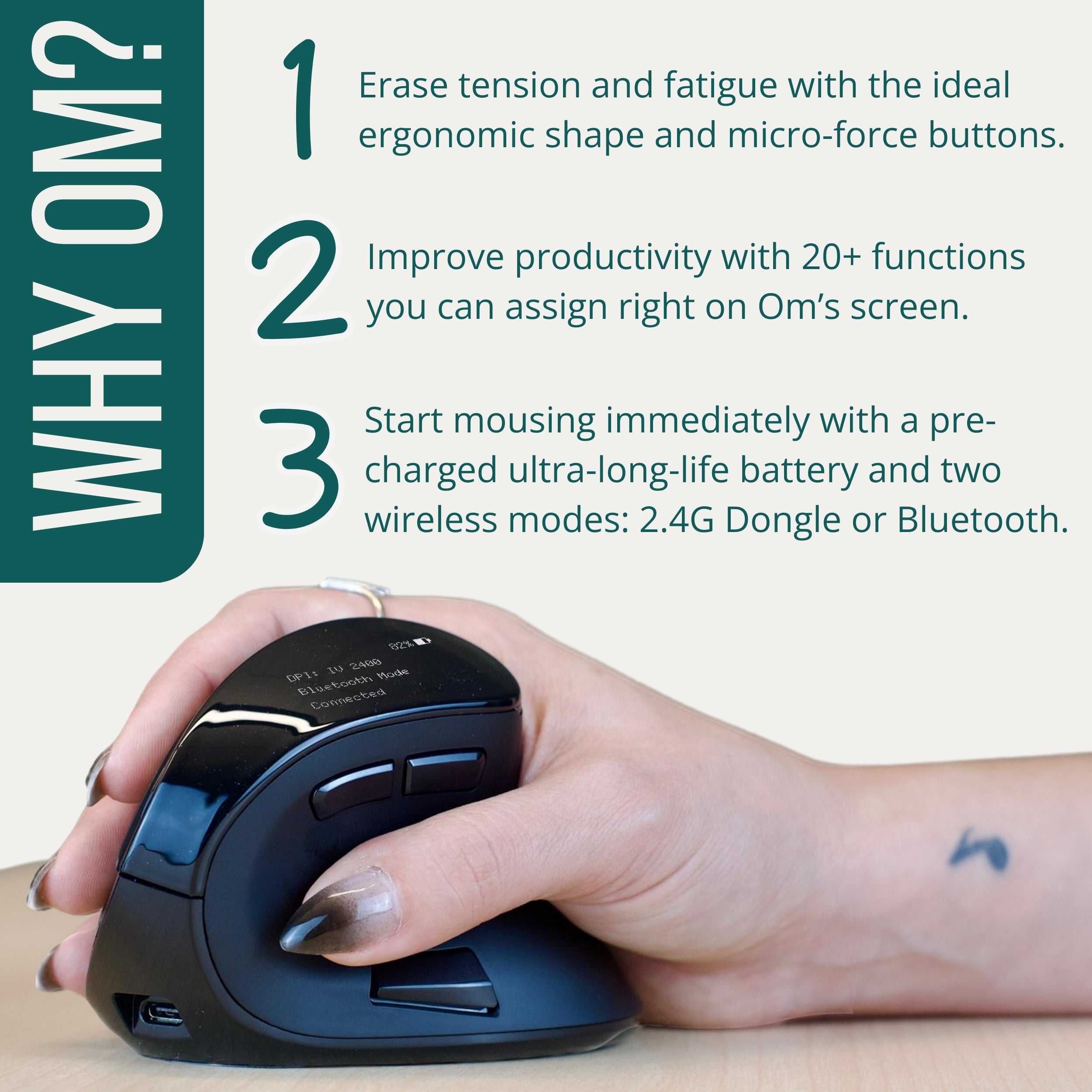 Om Ergonomic Mouse with Screen | Wireless Vertical Handshake Mouse