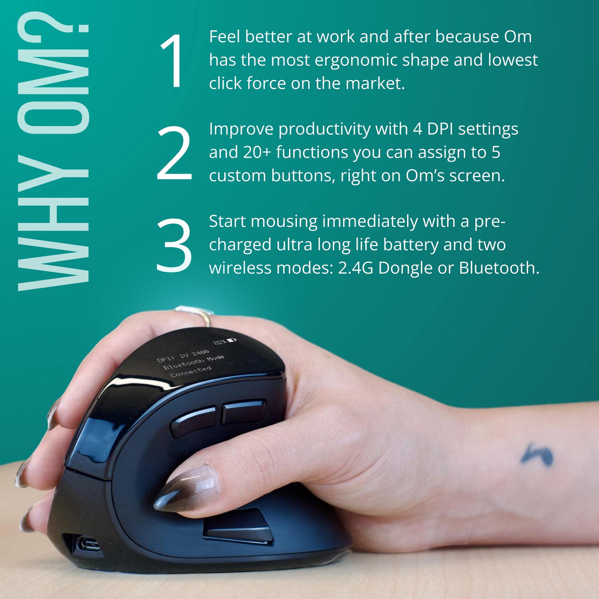 Om Ergonomic Mouse with Screen | Wireless Vertical Handshake Mouse ...